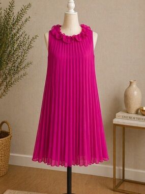 DKNY Fuchsia Pleated Ruffle-Neck Mini Dress Size 10